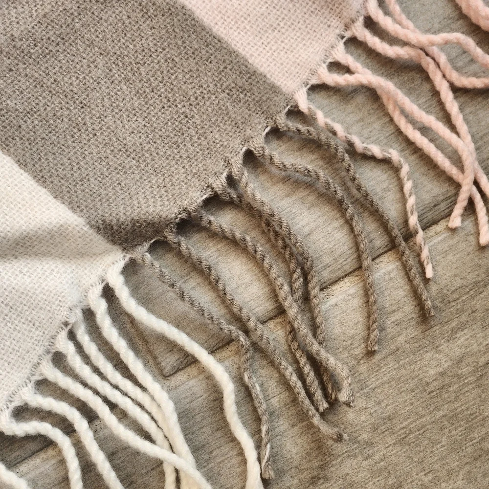 Victoria's Secret VS Throw Blanket White Pink Grey Logo Fringe Striped Cozy